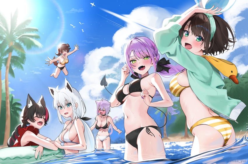 shirakami fubuki, nekomata okayu, tokoyami towa, ookami mio, oozora subaru, and 1 more (hololive) drawn by yuuyu_(moco20111115)