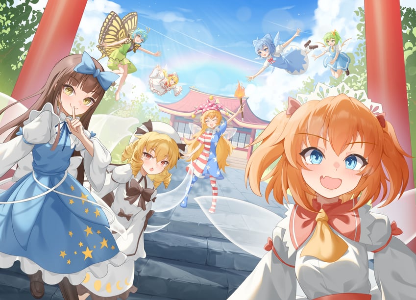 cirno, daiyousei, clownpiece, lily white, star sapphire, and 3 more (touhou) drawn by alexhong1129