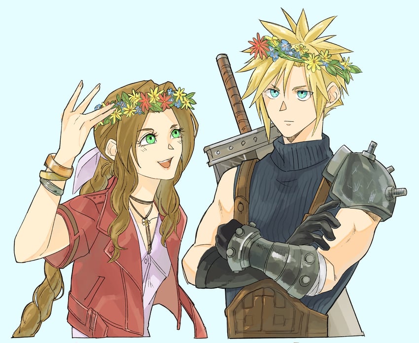 cloud strife and aerith gainsborough (final fantasy and 3 more) drawn by nomoss06