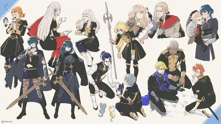 female byleth, edelgard von hresvelg, dimitri alexandre blaiddyd, male byleth, lysithea von ordelia, and 8 more (fire emblem and 1 more) drawn by pekoe-ji