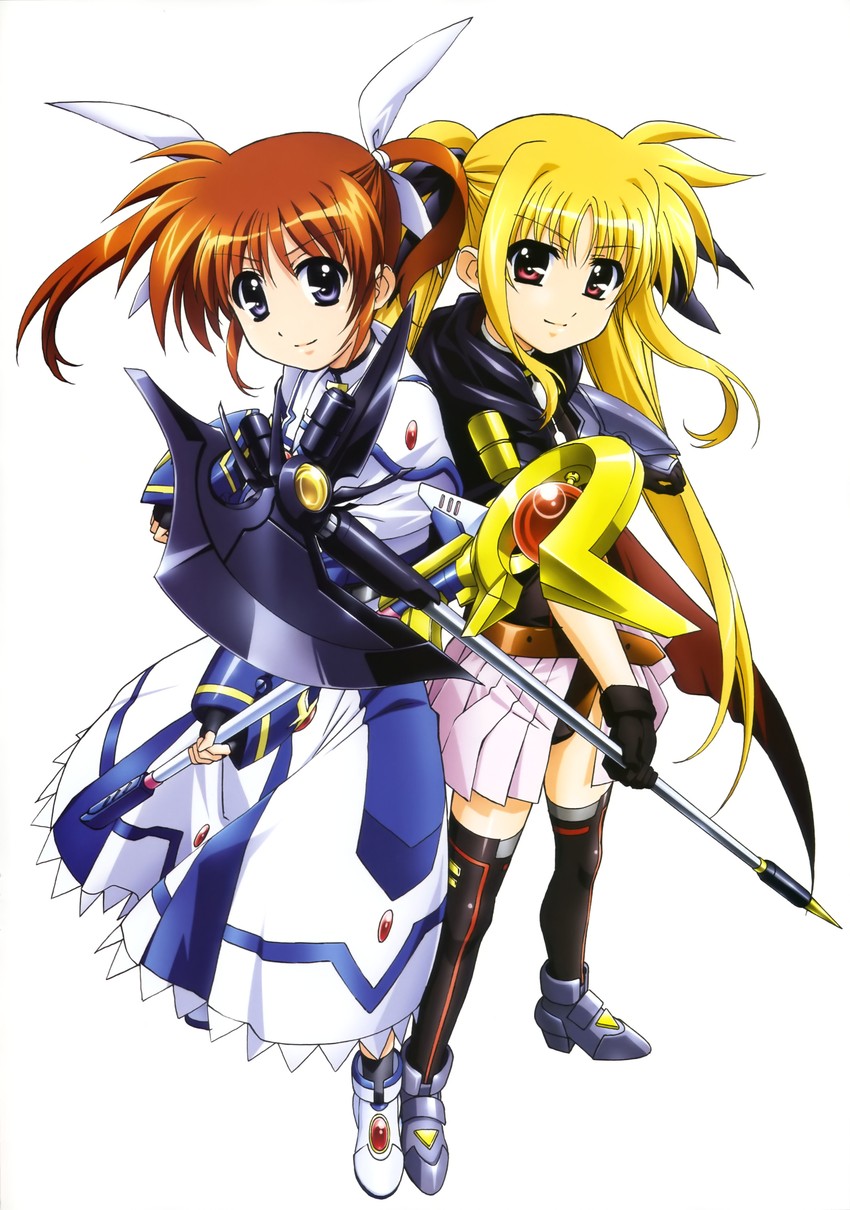 fate testarossa, takamachi nanoha, raising heart, and bardiche (lyrical nanoha and 4 more) drawn by okuda_yasuhiro