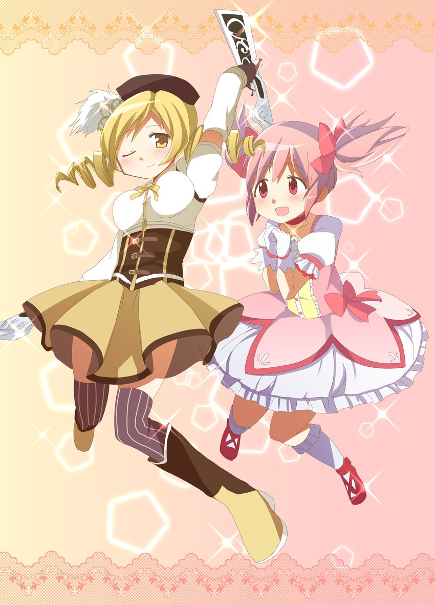 kaname madoka and tomoe mami (mahou shoujo madoka magica) drawn by yuri-0609
