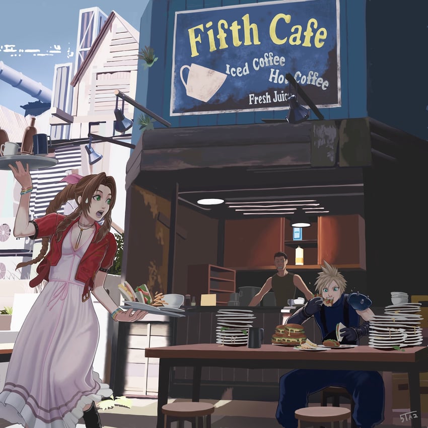 cloud strife and aerith gainsborough (final fantasy and 2 more) drawn by 5tatsu