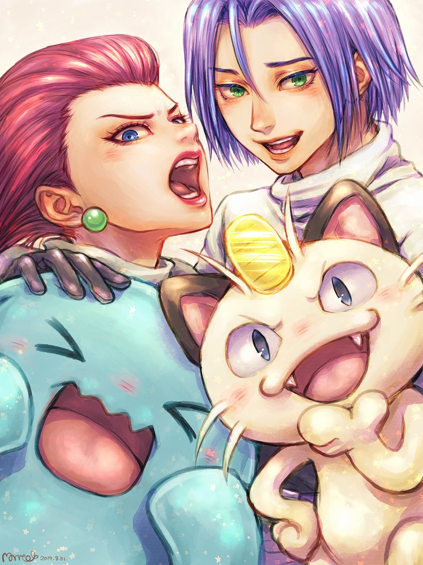 jessie, james, meowth, and wobbuffet (pokemon) drawn by morito_leaf9