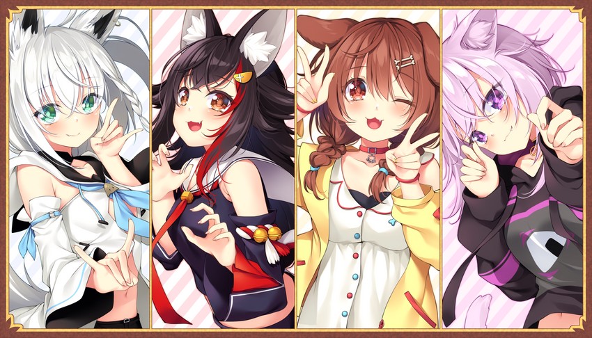 shirakami fubuki, nekomata okayu, ookami mio, and inugami korone (hololive) drawn by chiyonekoko