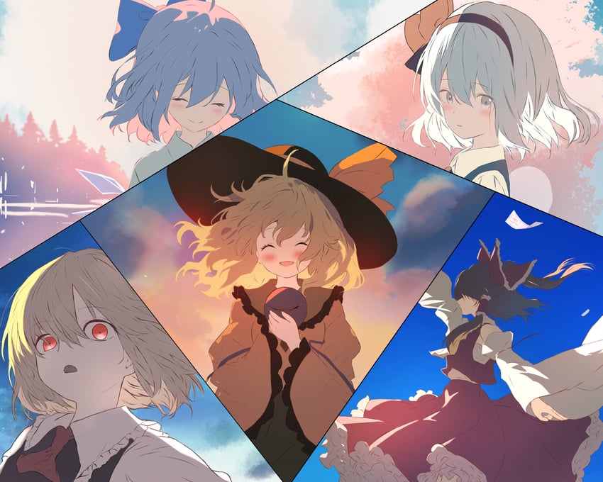 hakurei reimu, komeiji koishi, konpaku youmu, cirno, and rumia (touhou) drawn by iris-san