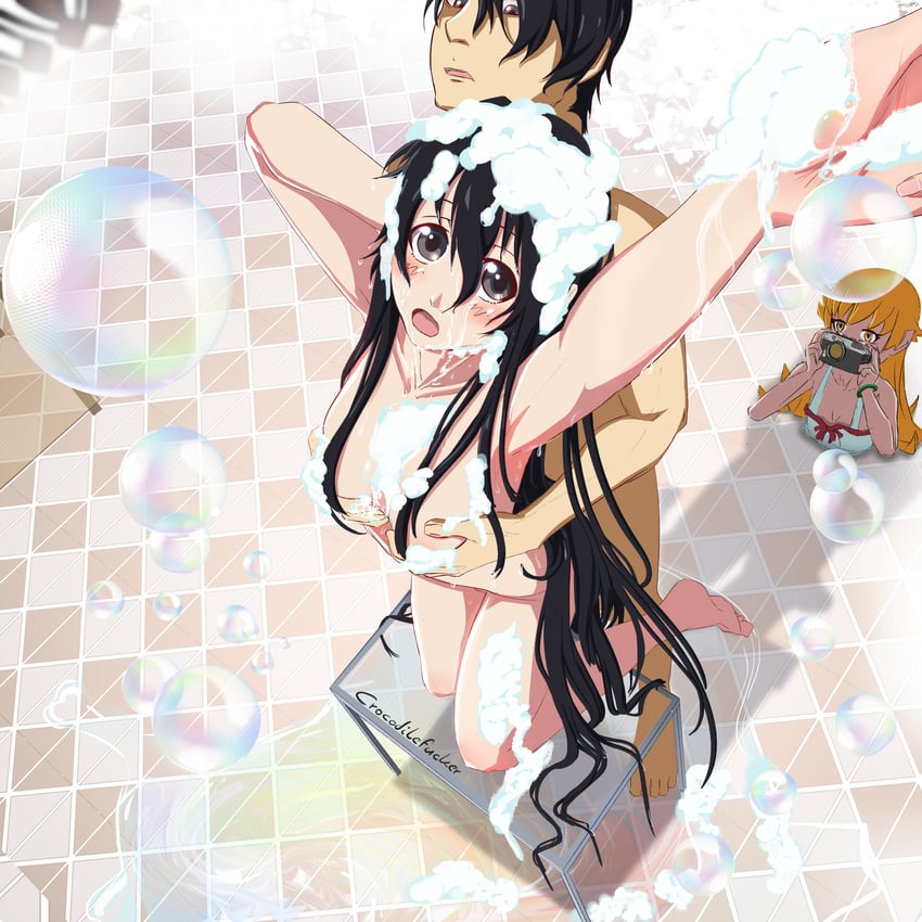oshino shinobu, araragi koyomi, and araragi tsukihi (monogatari) drawn by fuckodilec