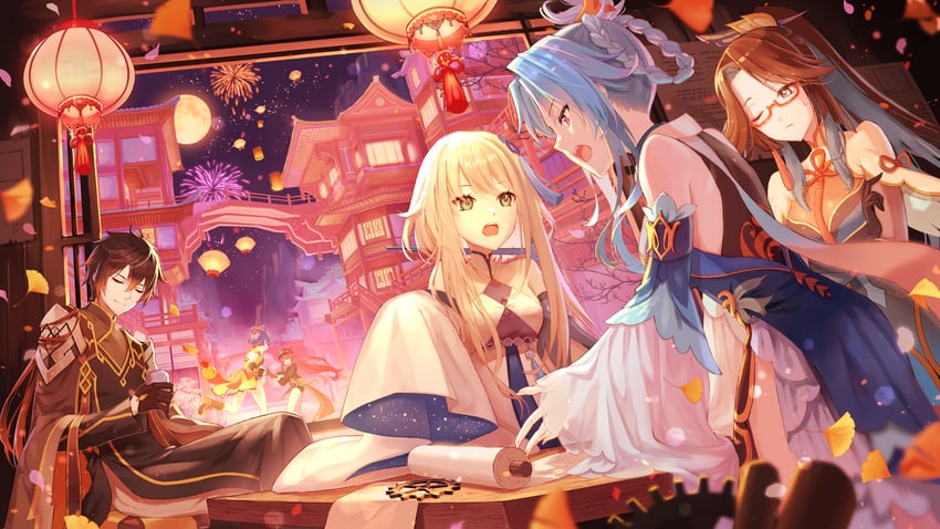 hu tao, zhongli, xiangling, xianyun, guizhong, and 1 more (genshin impact) drawn by nyansan_oekaki