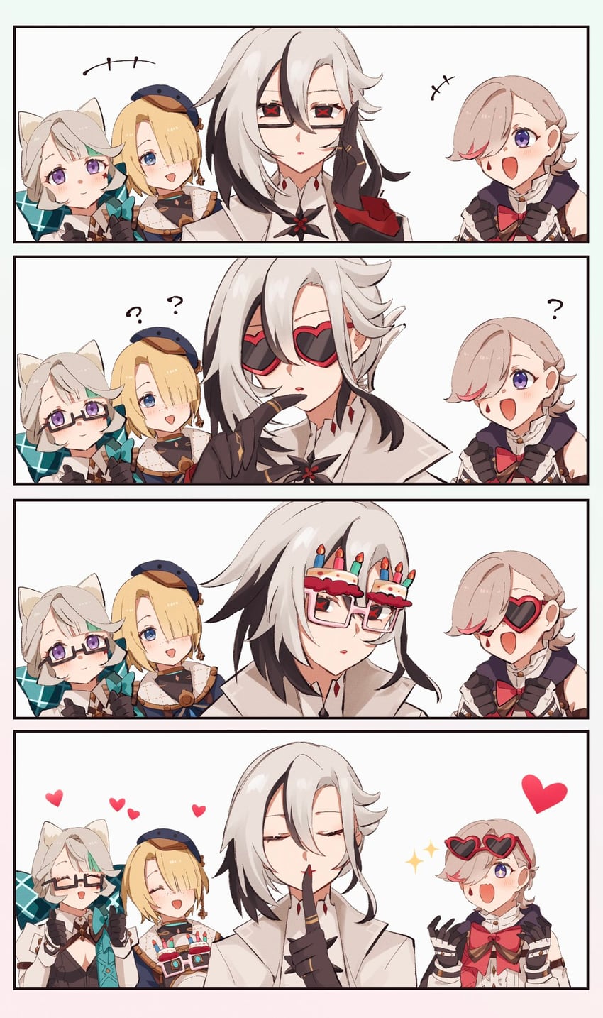 arlecchino, lynette, lyney, and freminet (genshin impact) drawn by nekorin_chu