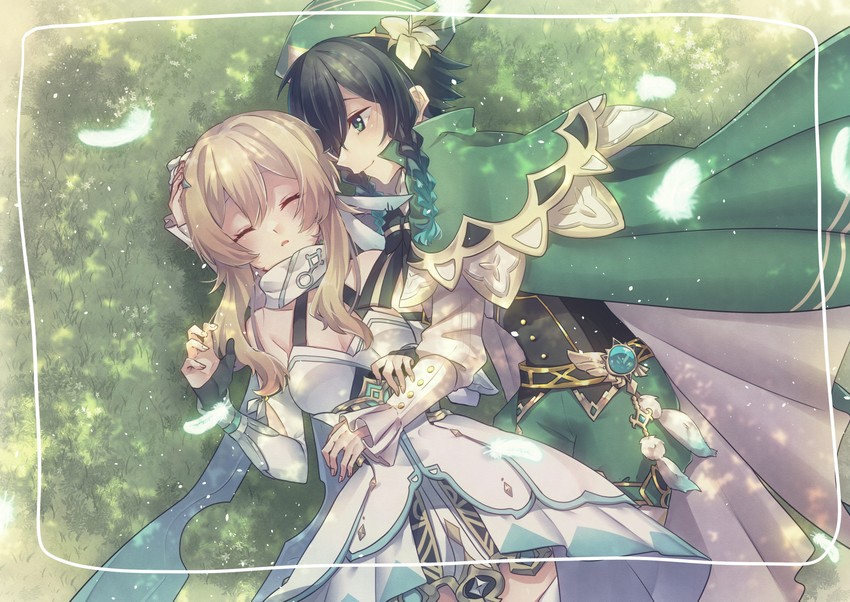 lumine and venti (genshin impact) drawn by mozu_(mz_0810)