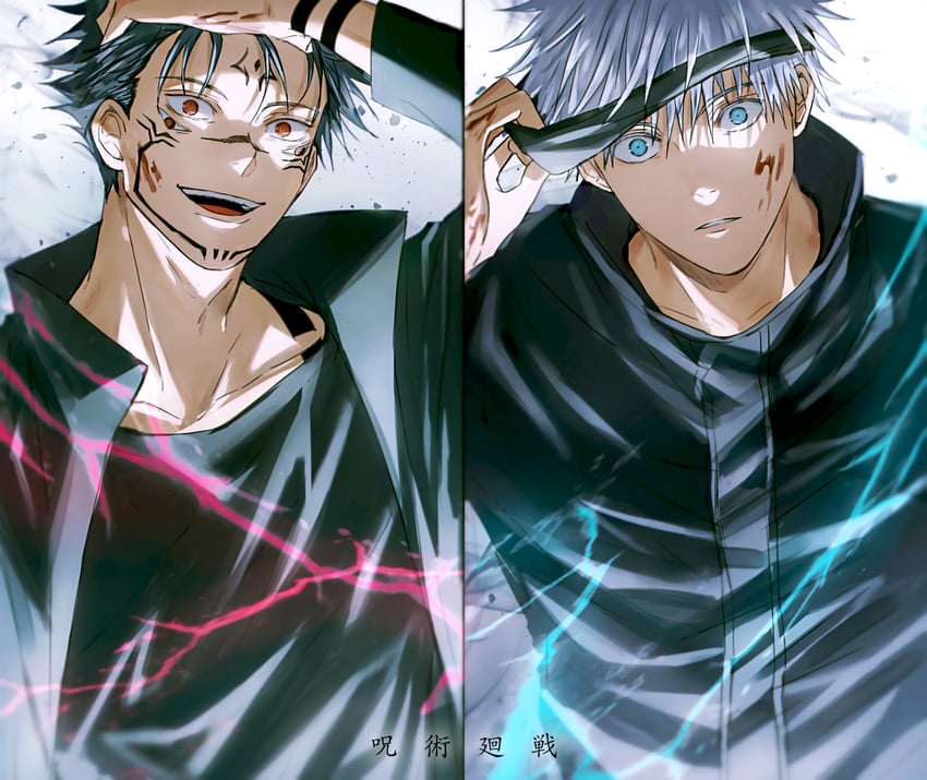 gojou satoru, fushiguro megumi, and ryoumen sukuna (jujutsu kaisen) drawn by yoon_(dmsco1803)