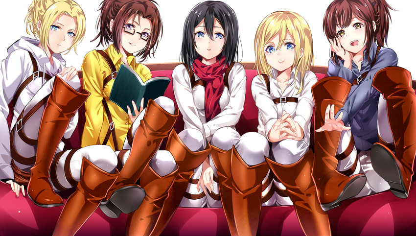 mikasa ackerman, krista lenz, annie leonhart, hange zoe, and sasha blouse (shingeki no kyojin) drawn by yuna_(rutera)