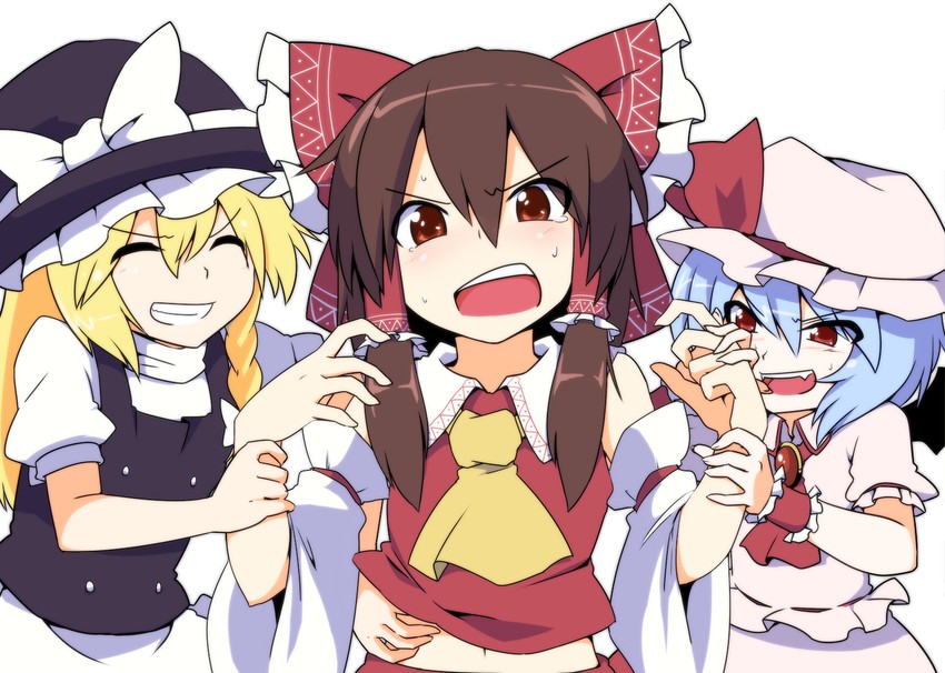 hakurei reimu, kirisame marisa, and remilia scarlet (touhou) drawn by leon_(mikiri_hassha)