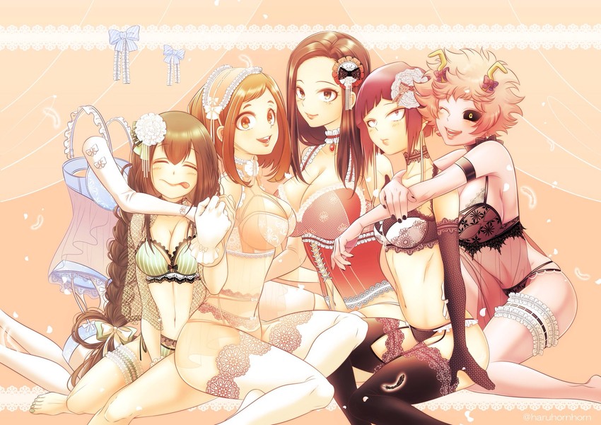 uraraka ochaco, asui tsuyu, yaoyorozu momo, ashido mina, jiro kyoka, and 1 more (boku no hero academia) drawn by haru_(inamura4)
