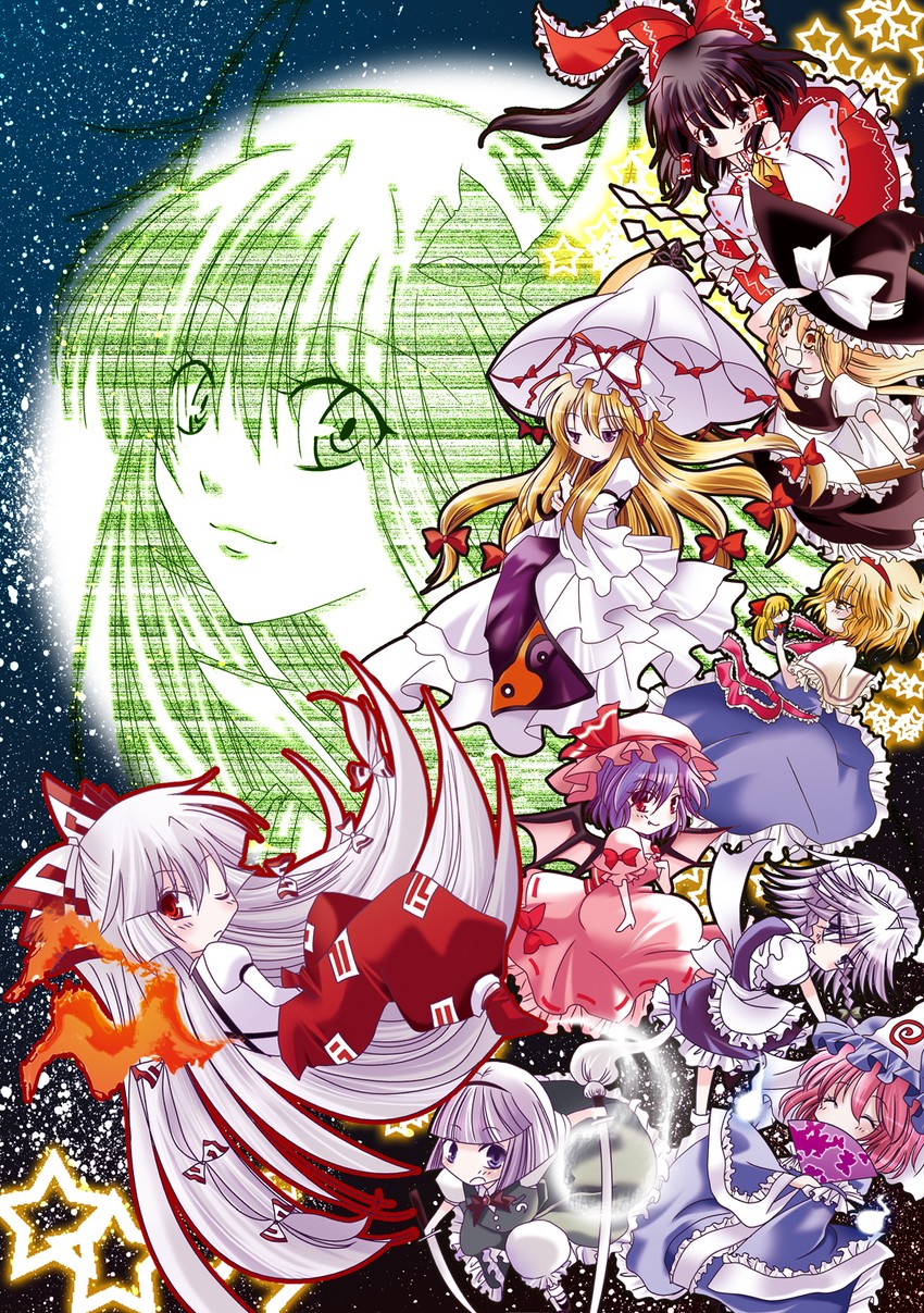 hakurei reimu, kirisame marisa, remilia scarlet, izayoi sakuya, konpaku youmu, and 7 more (touhou and 1 more) drawn by rindou_matsuri