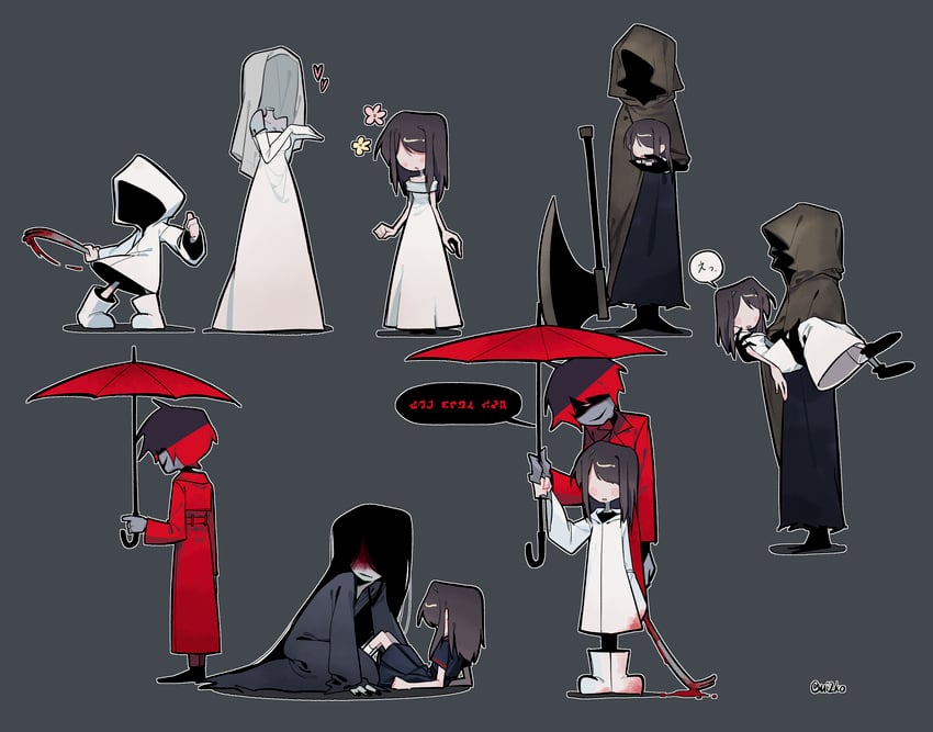 heroine, mr. crawling, mr. scarletella, mr. hood, and the bride (homicipher) drawn by ui2ko