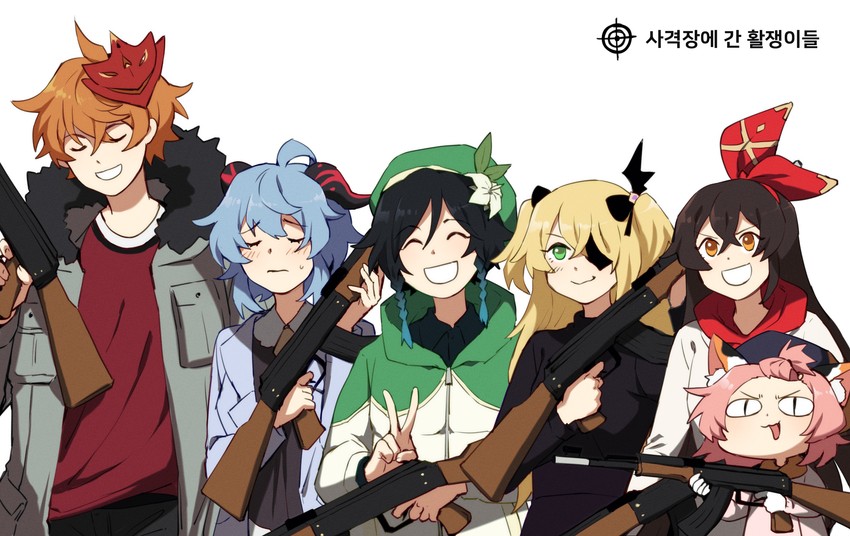 ganyu, venti, tartaglia, fischl, amber, and 1 more (genshin impact) drawn by gs_pno