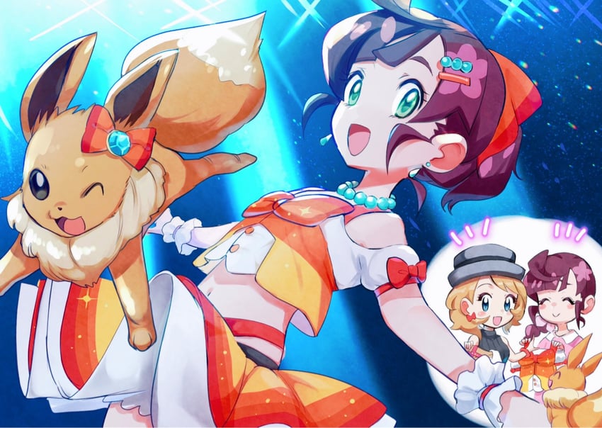 eevee, serena, and chloe (pokemon and 1 more) drawn by miramiraa_(wniwnidonn)