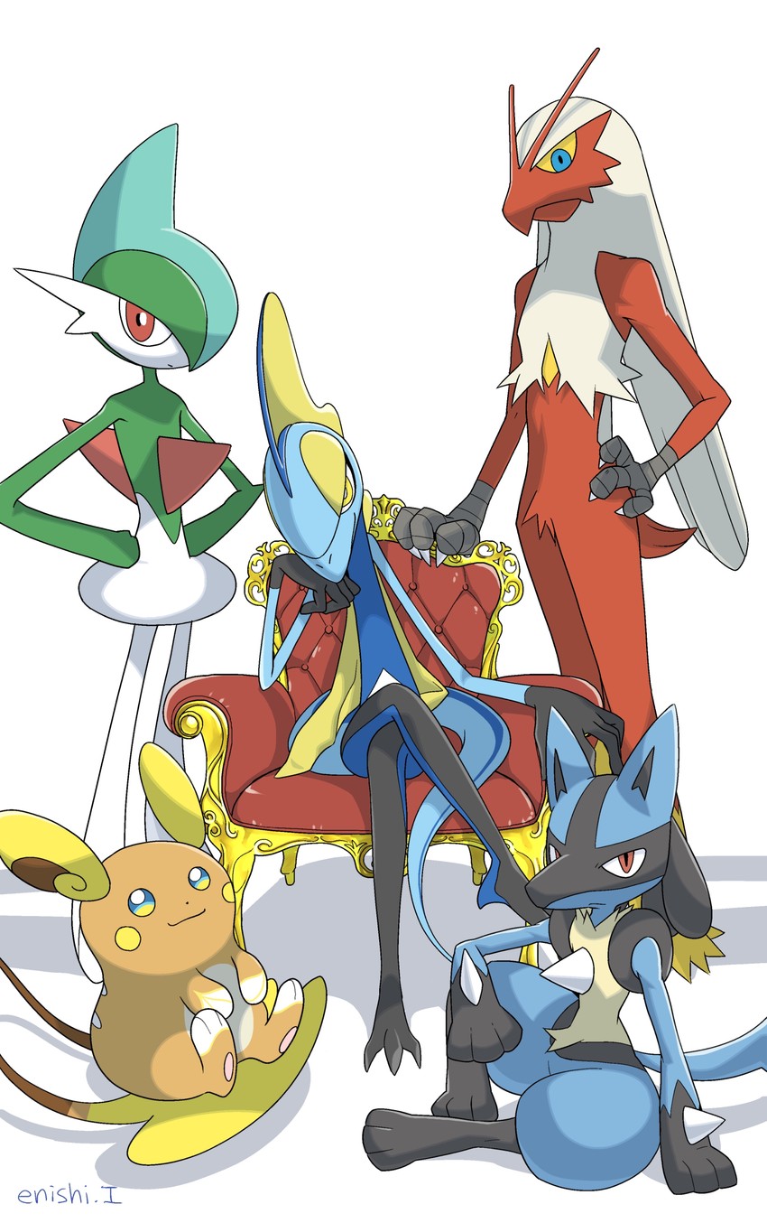 lucario, gallade, blaziken, inteleon, and alolan raichu (pokemon) drawn by yukari_(yukari21653710)