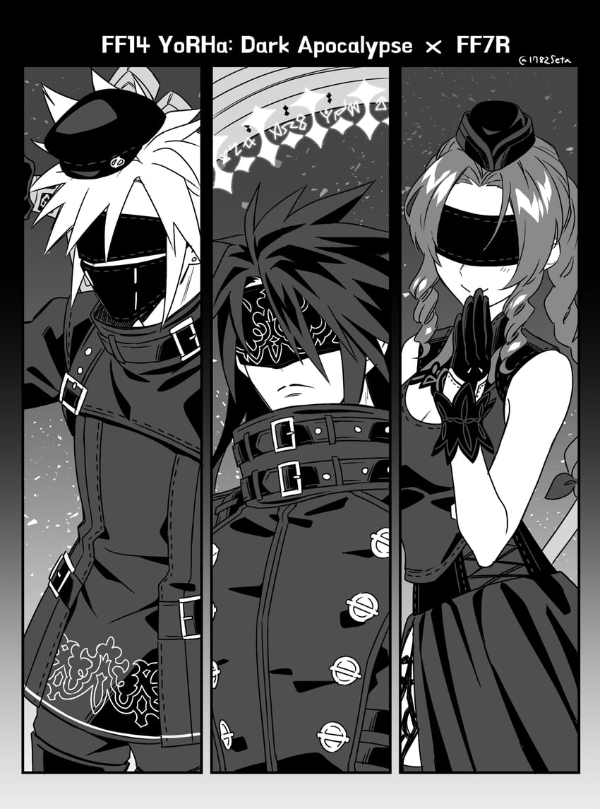 cloud strife, aerith gainsborough, and vincent valentine (final fantasy and 6 more) drawn by 1782seta