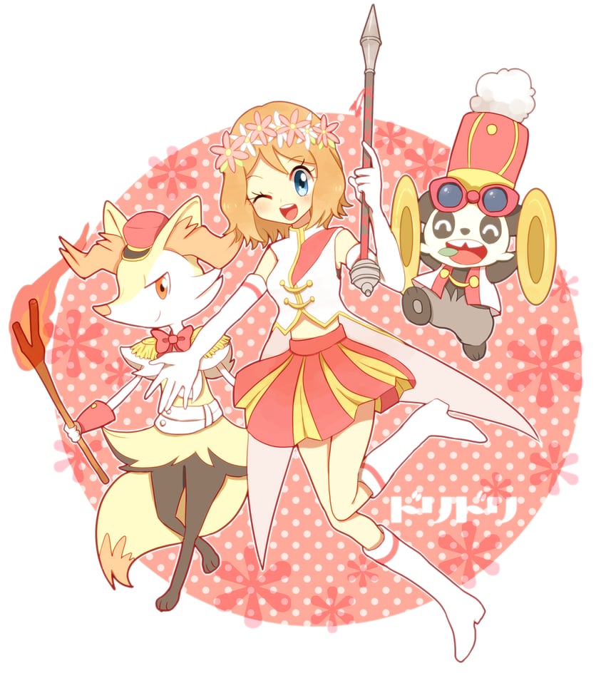serena, braixen, and pancham (pokemon and 1 more) drawn by ako_(ako0905)