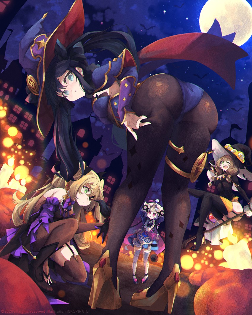 mona, fischl, qiqi, lisa, and oz (genshin impact) drawn by inkspirate