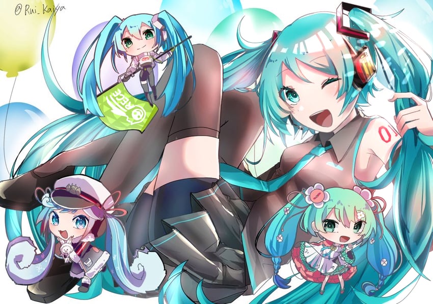 hatsune miku, yuki miku, magical mirai miku, and racing miku (vocaloid and 3 more) drawn by rui_kaiya