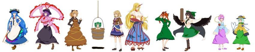 komeiji koishi, komeiji satori, kaenbyou rin, reiuji utsuho, hinanawi tenshi, and 5 more (touhou and 2 more) drawn by dango_ya