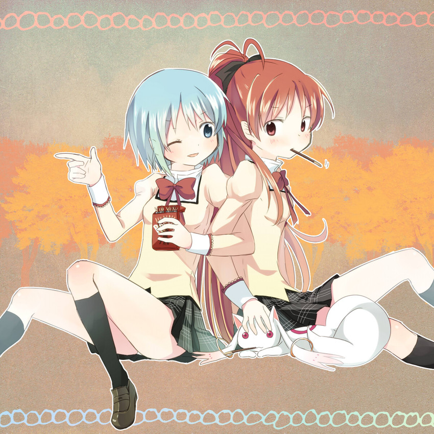 miki sayaka, sakura kyoko, and kyubey (mahou shoujo madoka magica and 1 more) drawn by kyabechi