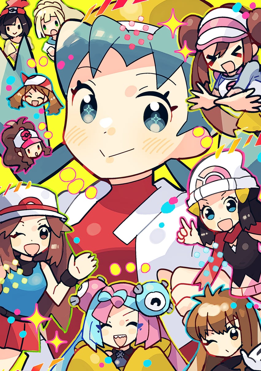 lillie, may, rosa, hilda, selene, and 5 more (pokemon and 9 more) drawn by anidler91