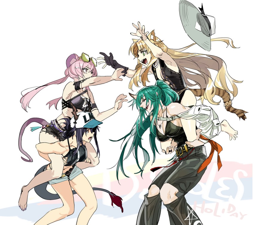 ch'en, hoshiguma, swire, lin, and female tourist c (arknights) drawn by yu_yanshu