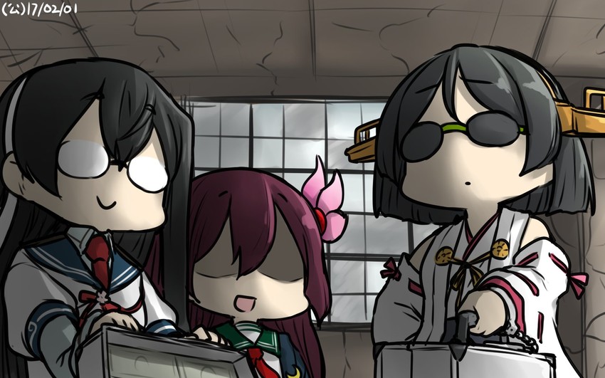 ooyodo, kirishima, kisaragi, kisaragi kai ni, kirishima kai ni, and 1 more (kantai collection) drawn by hamu_koutarou
