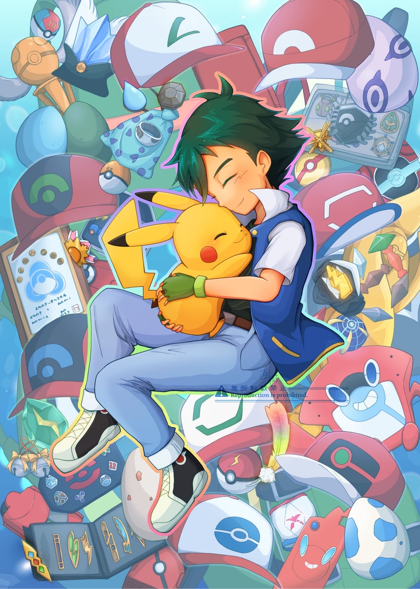 pikachu, ash ketchum, rotom, rotom phone, and rotom dex (pokemon and 7 more) drawn by naoki_naoka