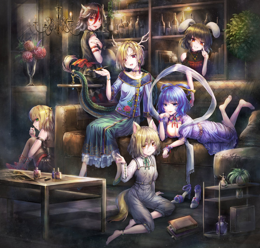 inaba tewi, mizuhashi parsee, kaku seiga, kijin seija, kicchou yachie, and 1 more (touhou) drawn by miyupon