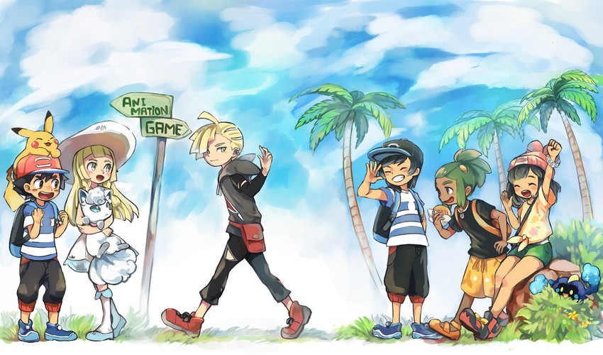 pikachu, lillie, ash ketchum, selene, elio, and 4 more (pokemon and 1 more) drawn by tona_bnkz