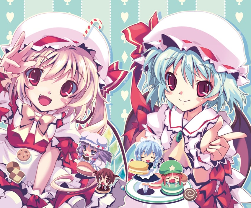 remilia scarlet, flandre scarlet, izayoi sakuya, patchouli knowledge, hong meiling, and 1 more (touhou) drawn by lumine_(2339)