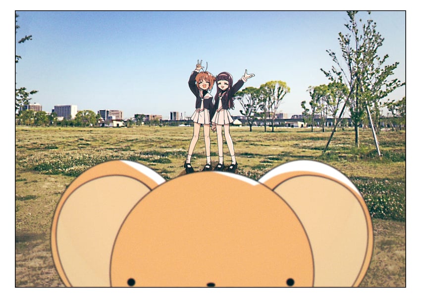 kinomoto sakura, kero, and daidouji tomoyo (cardcaptor sakura) drawn by nzeneee