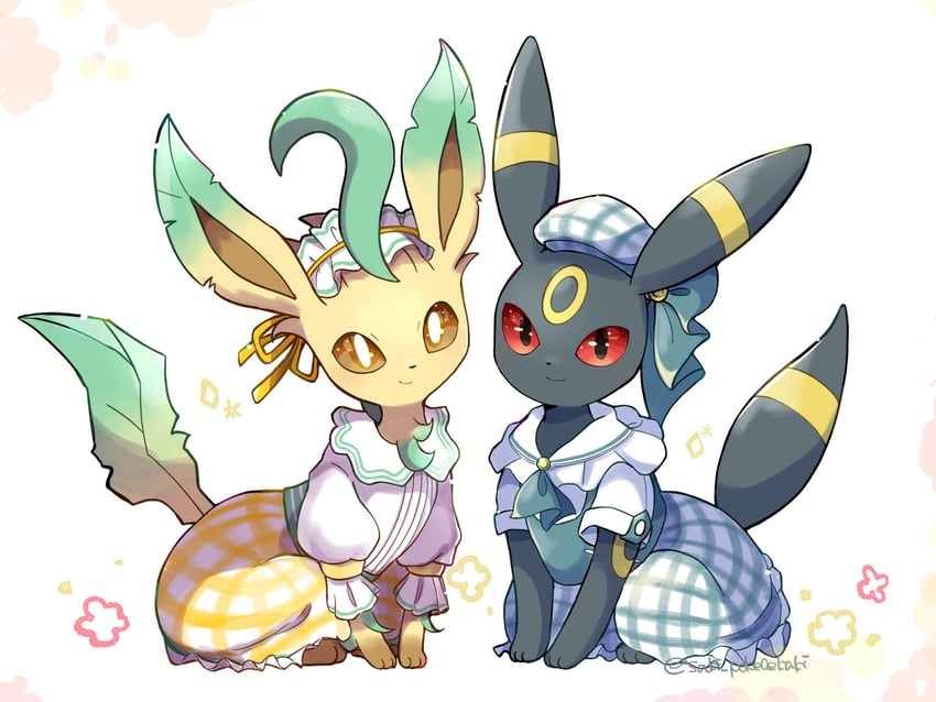 umbreon and leafeon (pokemon and 1 more) drawn by saki_pokeoekaki