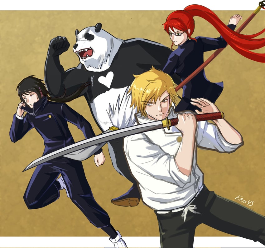 zen'in maki, okkotsu yuuta, pyrrha nikos, inumaki toge, nora valkyrie, and 3 more (jujutsu kaisen and 1 more) drawn by eryx45