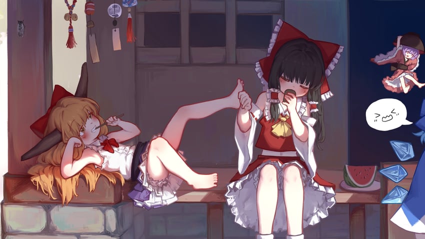 hakurei reimu, cirno, ibuki suika, and sukuna shinmyoumaru (touhou) drawn by rangque_(user_vjjs4748)