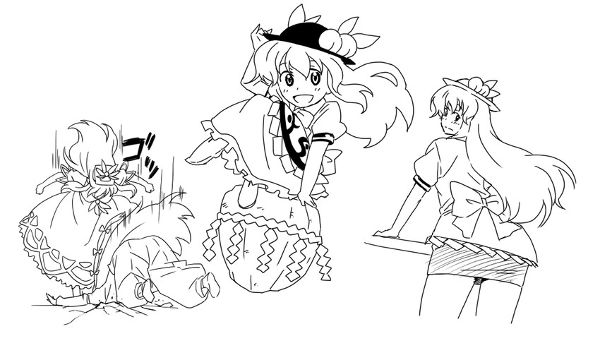 fujiwara no mokou, kamishirasawa keine, and hinanawi tenshi (touhou) drawn by ikuya_koimori