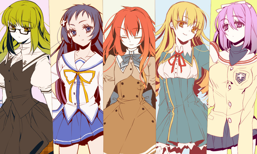 aomine daiki, kise ryouta, akashi seijuurou, midorima shintarou, and murasakibara atsushi (clannad and 6 more) drawn by ms_(momose)