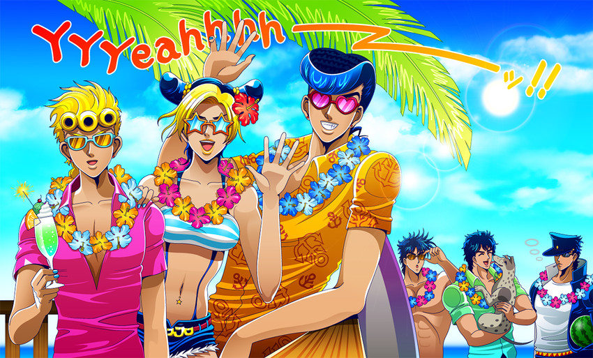 joseph joestar, kujo jotaro, kujo jolyne, giorno giovanna, jonathan joestar, and 2 more (jojo no kimyou na bouken and 6 more) drawn by tazbun