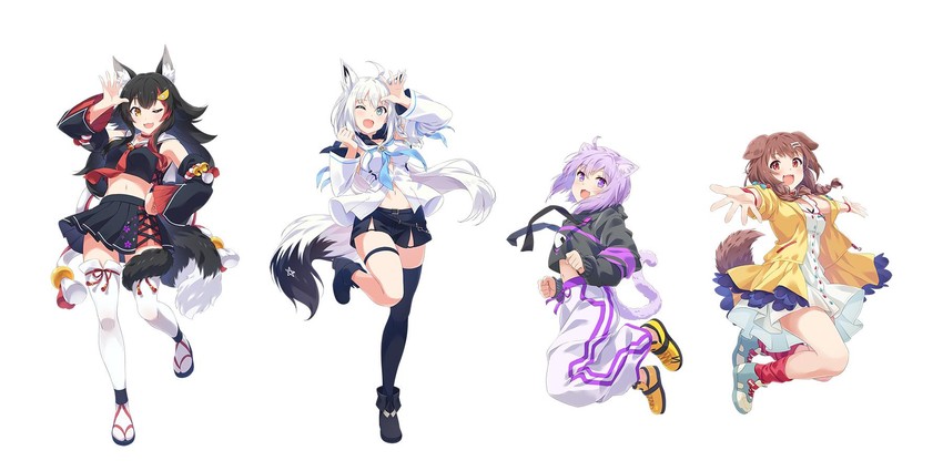 shirakami fubuki, nekomata okayu, ookami mio, and inugami korone (hololive) drawn by narumi_nanami