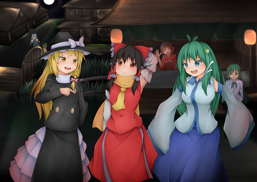 hakurei reimu, kirisame marisa, kochiya sanae, cirno, mystia lorelei, and 3 more (touhou) drawn by shou_(ahiru_shinobu)
