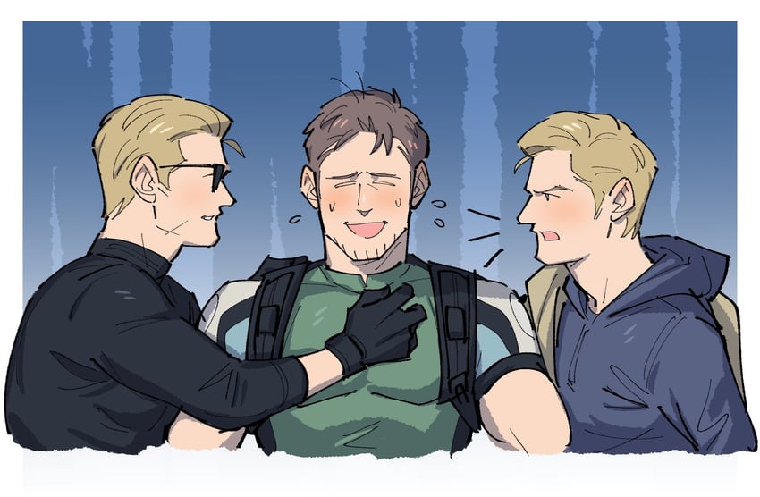 chris redfield, albert wesker, and ethan winters (resident evil and 2 more) drawn by kalamari