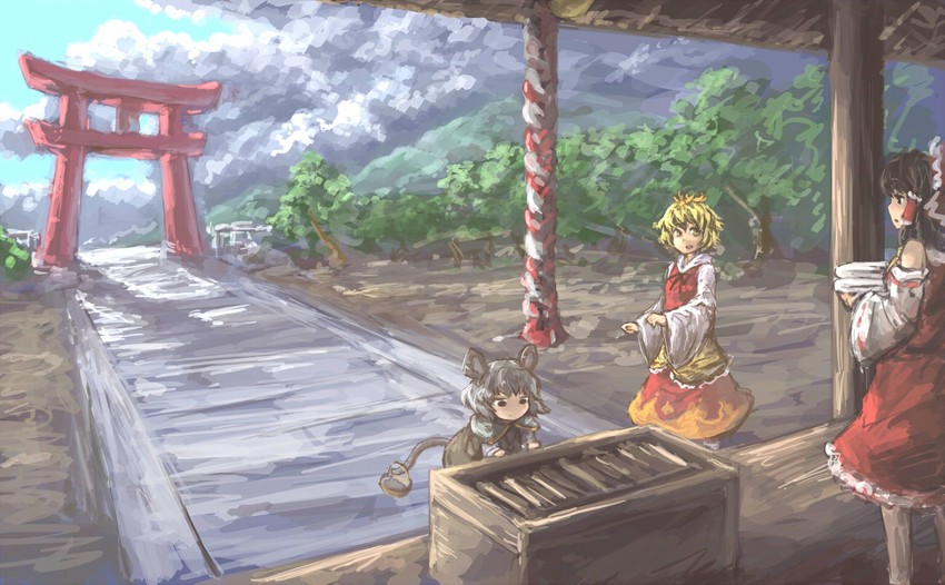 hakurei reimu, nazrin, and toramaru shou (touhou) drawn by hima_(mizu_ni_tsuyoi)