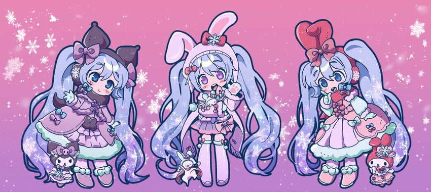 hatsune miku, yuki miku, hello kitty, rabbit yukine, my melody, and 1 more (vocaloid and 1 more) drawn by hareeangkki