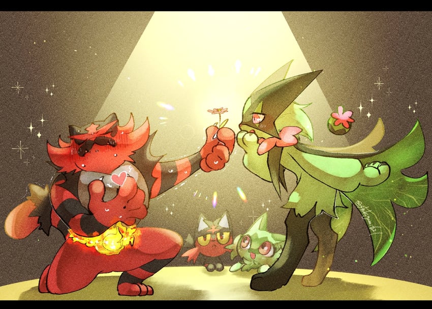 sprigatito, meowscarada, litten, and incineroar (pokemon) drawn by naoto_(shion)