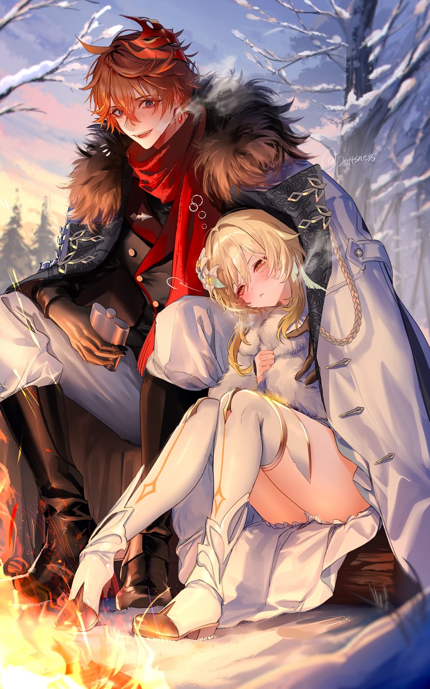 lumine and tartaglia (genshin impact) drawn by pottsness